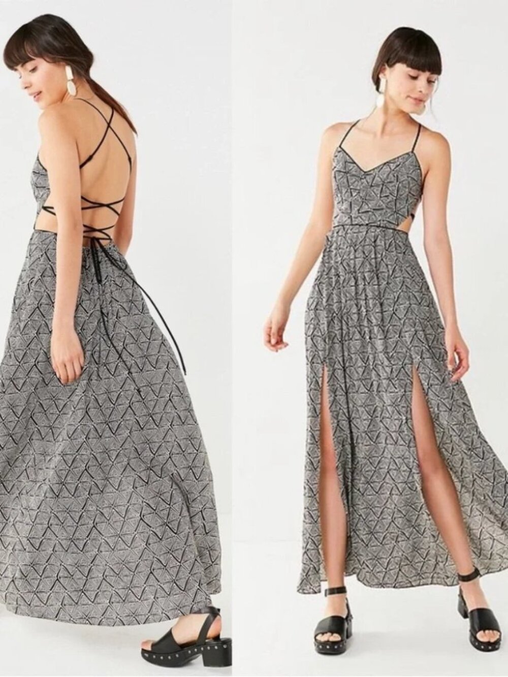 Urban Outfitters Gia Black & White Lace Up strappy Back Maxi Dress sz S
